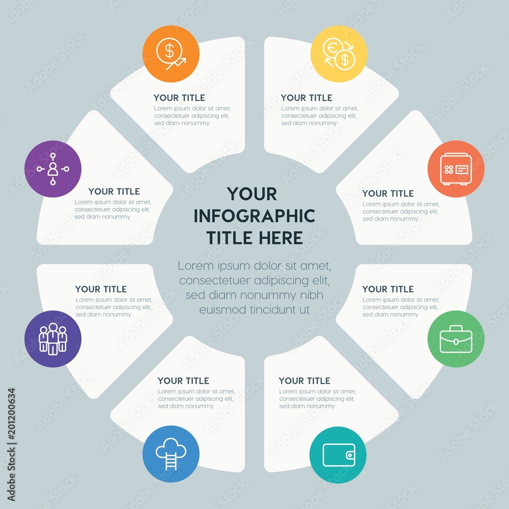 Circle chart business, money infographic template with 8 options for presentations, advertising, annual reports Circle chart business, money infographic template with 8 options for presentations, advertising, annual reports