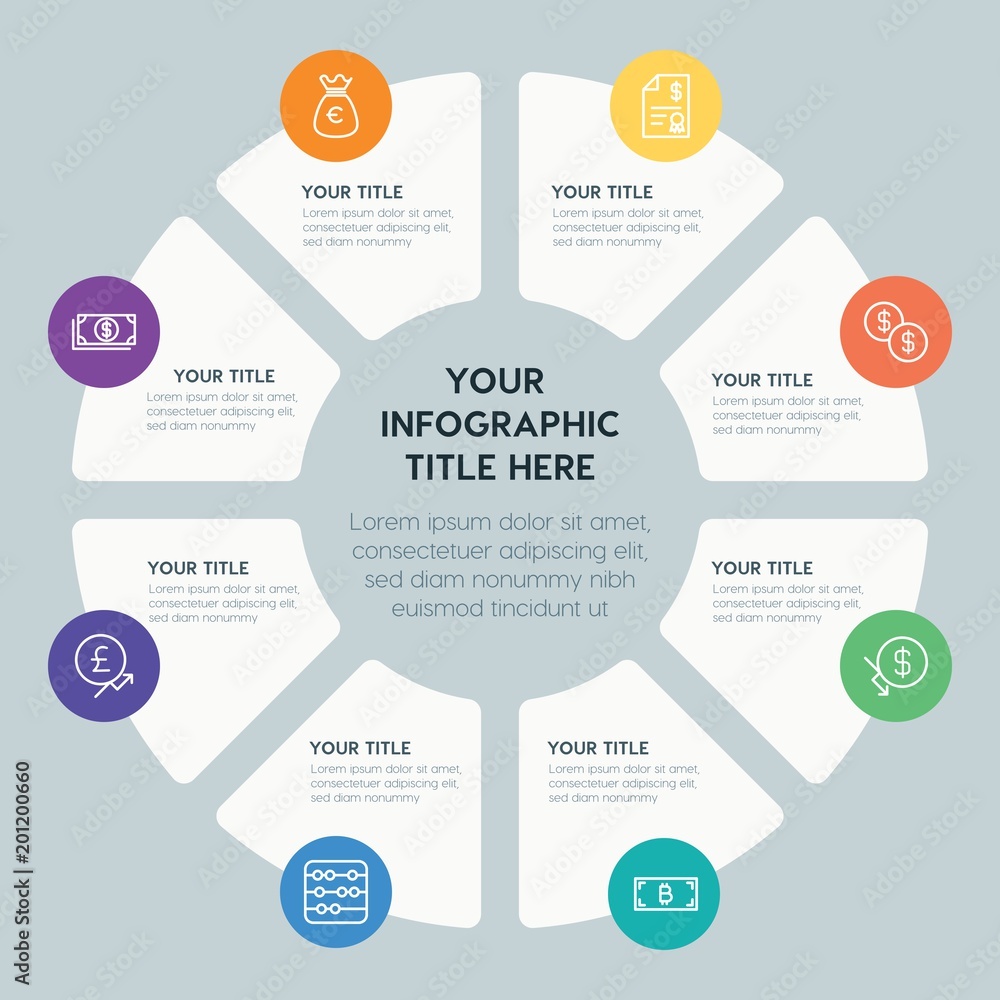 Circle chart business, money infographic template with 8 options for presentations, advertising, annual reports