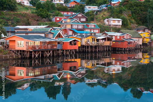 Traditional stilt houses know as palafitos in the city of Castro at Chiloe Island in Southern Chile photo