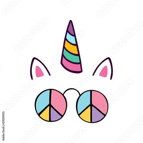 Funny unicorn with hippie glasses. 