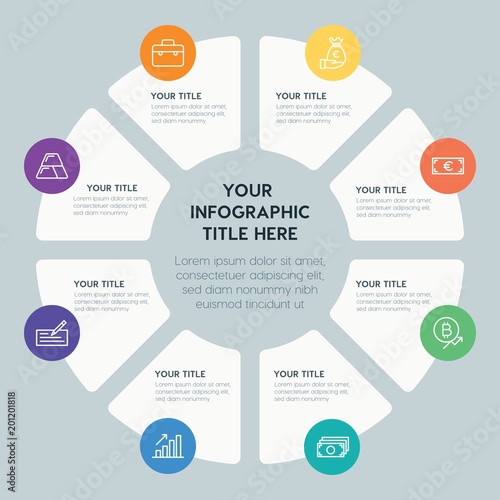 Circle chart business, money infographic template with 8 options for presentations, advertising, annual reports