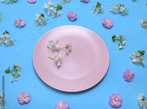 pink plate on a blue background in the midst of flowering buds