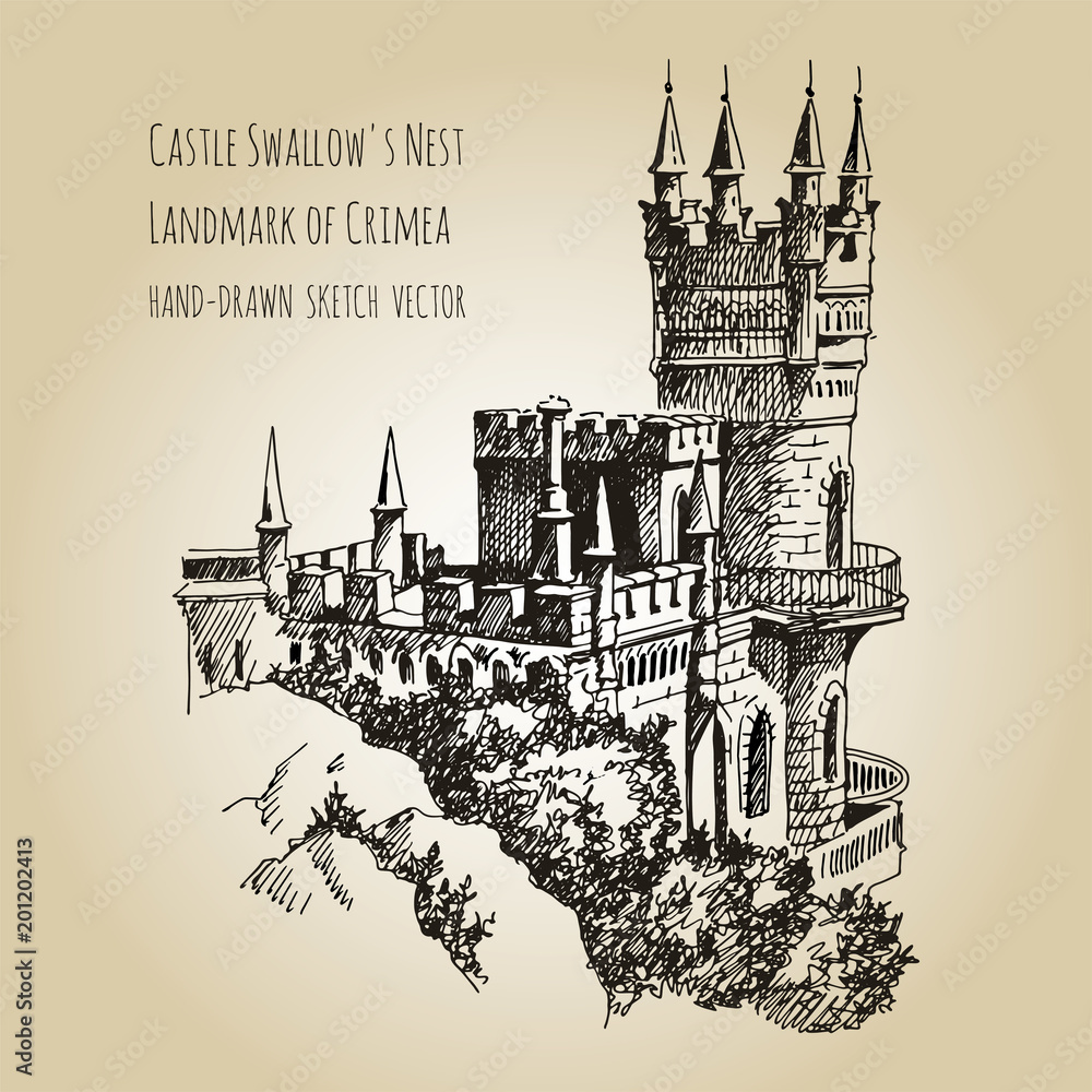 Obraz premium Swallow's Nest castle over the Black Sea in Crimea, Russia. Landmark of Crimea. Beautiful antique castle, drawing by hand.