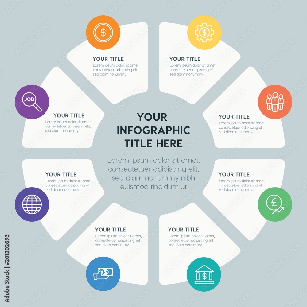 Circle chart business, money infographic template with 8 options for presentations, advertising, annual reports Circle chart business, money infographic template with 8 options for presentations, advertising, annual reports