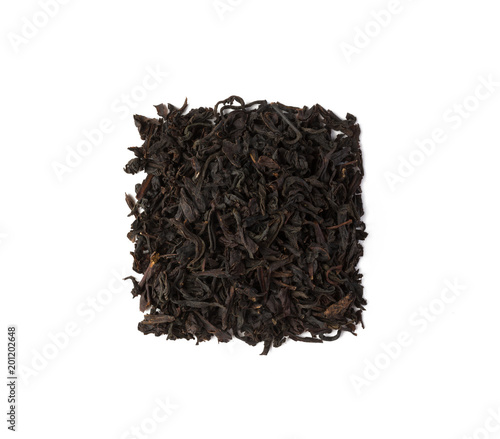 Top view of black tea leaves isolated on white tea leaves isolated on white, square form
