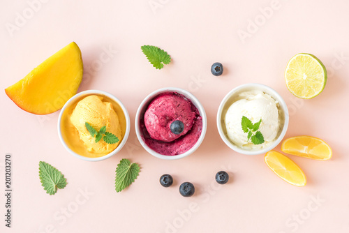 Various fruit and berries ice creams