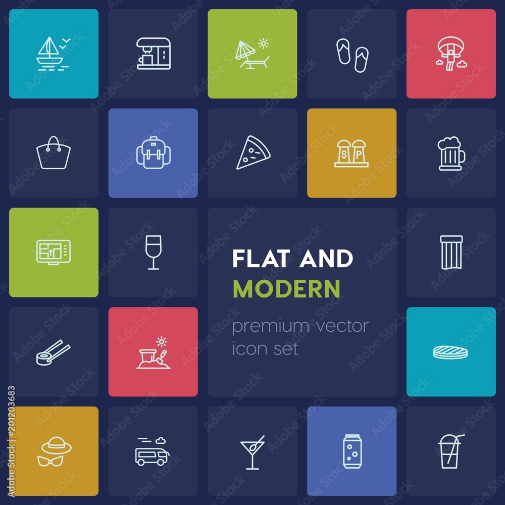 Fototapeta premium Modern Simple Set of food, drinks, travel Vector outline Icons. ..Contains such Icons as summer, glass, cup, transport, food, cold, ice and more on dark background. Fully Editable. Pixel Perfect