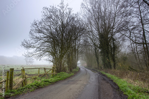 Early morming mist on countryside lane in Cheshire UK