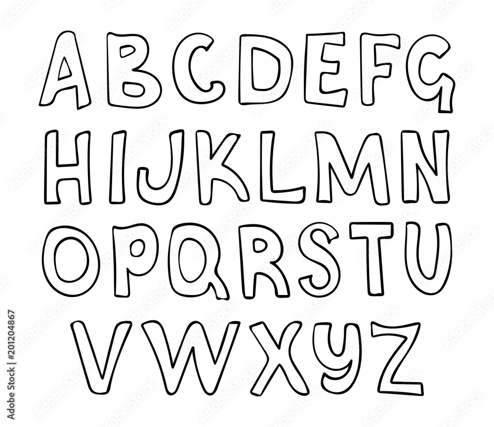 Contour casual alphabet. Handdrawn uneven silhouette letters for poster, headline, decorative lettering. Vector illustration.