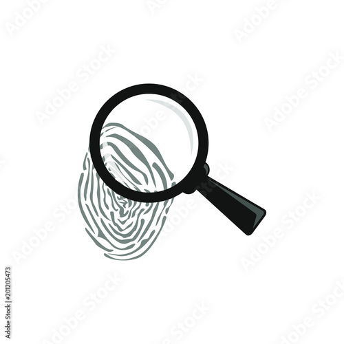 black and white outline vector magnifying glass over a fingerprint icon