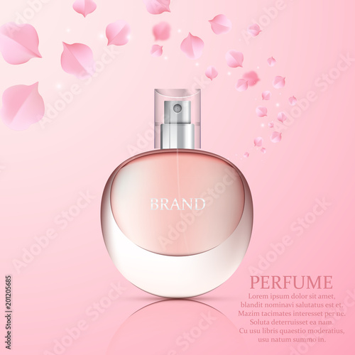 Realistic perfume bottle on abstract floral background, vector poster design