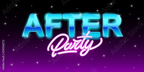 After party banner or flyer in neon style with night sky and stars . Vector illustration design.