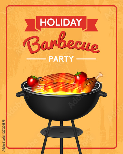 Barbecue grill elements set isolated on red background. BBQ party poster. Summer time. Meat restaurant at home. Charcoal kettle with tool, sauce and foods. Kitchen equipment for menu. Cooking outdoors
