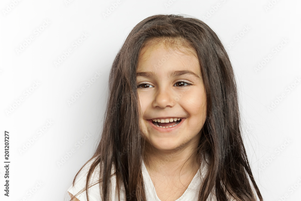 Portrait of happy cute brunette child girl with long hear. Portrait of happy cute brunette child girl with long hear.