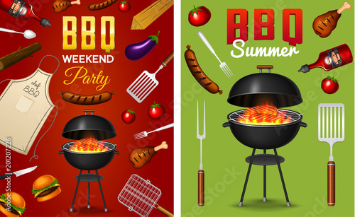 Barbecue grill elements set isolated on red background. BBQ party poster. Summer time. Meat restaurant at home. Charcoal kettle with tool, sauce and foods. Kitchen equipment for menu. Cooking outdoors