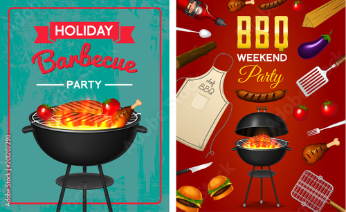 Barbecue grill elements set isolated on red background. BBQ party poster. Summer time. Meat restaurant at home. Charcoal kettle with tool, sauce and foods. Kitchen equipment for menu. Cooking outdoors