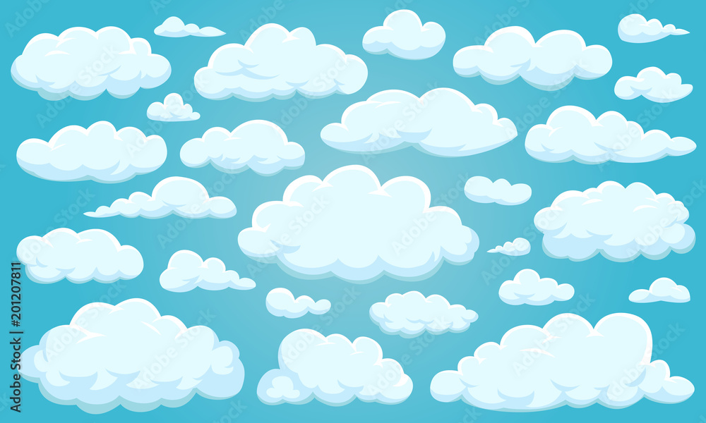 Naklejka Zestaw chmur o różnych kształtach na niebie dla projektu strony internetowej, interfejsu użytkownika, aplikacji. Meteorologia i atmosfera w kosmosie.