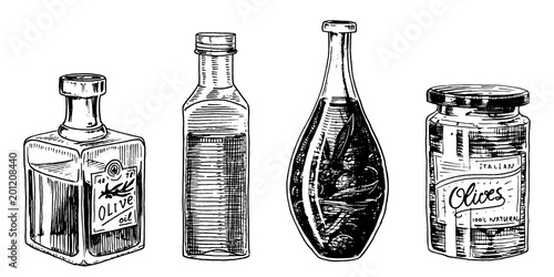 Olive oil of trees in bottle and jars with stickers and emblems. Organic vegetarian product. Black fruit for cooking food. Engraved hand drawn in old vintage sketch. Vector illustration.