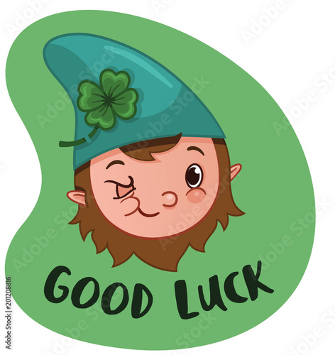 Cartoon Gnome character with Good Luck theme (Vector illustration)