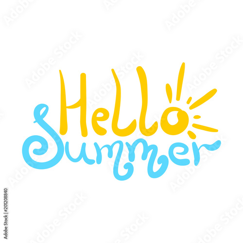 Bright colorful hello summer inscription with sun as letter o and sea as letters m. Cute description for poster or card print, decoration, header, seasonal design