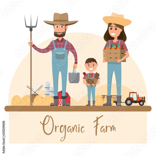 happy farmer family cartoon character in organic rural farm