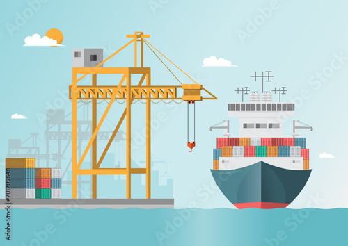 Sea transportation logistic. Sea Freight. Cargo ship, container shipping on flat style