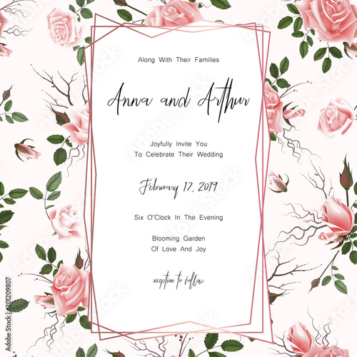 Save the date card, wedding invitation, greeting card with beautiful roses flowers