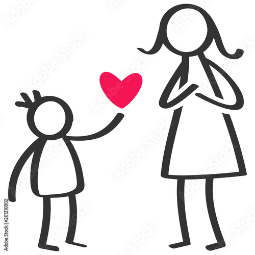 Simple stick figures family, boy giving love, heart to mother on Mother's Day, birthday isolated on white background