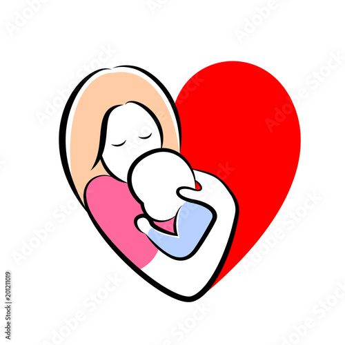 mother and baby stylized vector symbol in heart shape. Mom hugs her child icon design. Happy mother's day concept, illustration isolated on white background.