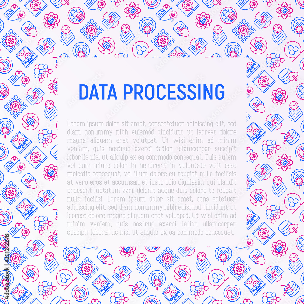 Data processing concept with thin line icons: data science, filtering, deep learning, mobile syncing, big data, modeling API, usage, tracking, cloud database. Vector illustration for print media.