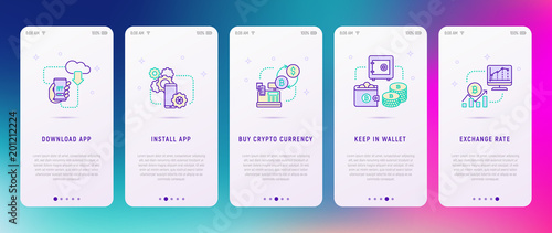 Cryptocurrency concept: download app, install app, buy cryptocurrency, keep in wallet, exchange rate. Modern vector illustration.