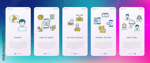 Order food online via smartphone concept: feel hungry, look at menu, choose delivery method and payment method. Modern vector illustration, user interface of mobile app for restaurant or cafe.
