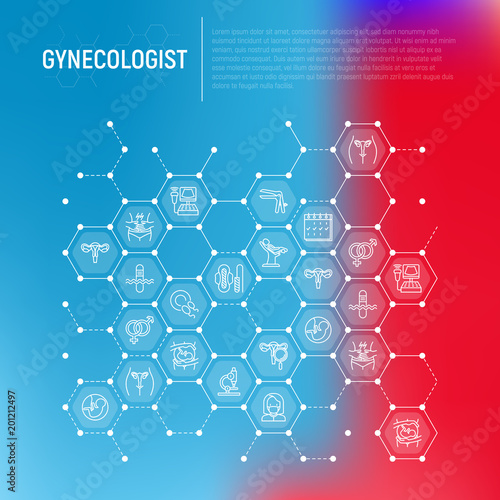 Gynecologist concept in honeycombs with thin line icons: uterus, ovaries, gynecological chair, pregnancy, ultrasound, sanitary napkin, test, embryo, menstruation, ovulation. Modern vector illustration