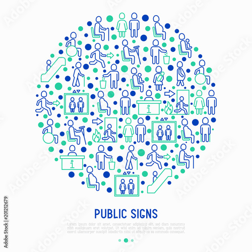 Public signs concept in circle thin line icons: information stand, fire or emergency exit, use trash can, seats for pregnant women, disabled, elderly people, woman with child. Vector illustration.