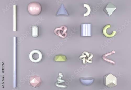 3D Rendering Of Different Type Of Geometric Realistic Looking Primitive Objects Set