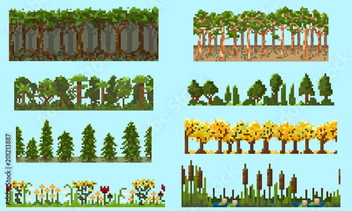 A set of pixel seamless element with trees and flowers