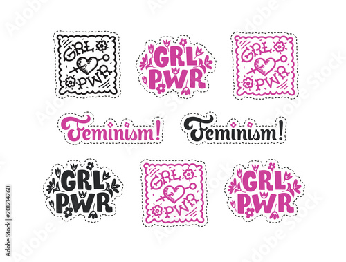 Set of feminism stickers. Feminism symbols vector illustration design. Girl power lettering quote. Ready for printing collection.