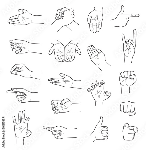 Hand gestures contour sketch ector set
