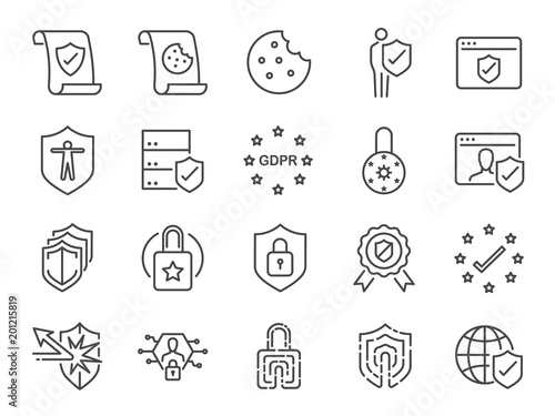 Privacy policy icon set. Included the icons as security information, GDPR, data protection, shield, cookies policy, compliant, personal data, padlock and more
