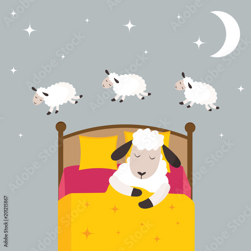 Counting sheep to fall asleep vector illustration.