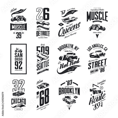 Vintage muscle, roadster, hot rod and classic car vector t-shirt logo isolated set