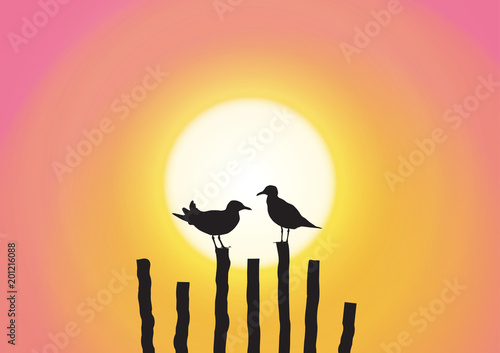 Silhouette of two seagull sitting on timber on sweet sunset background vector illustration