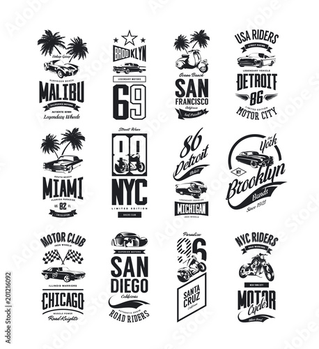 Vintage muscle, roadster and classic car vector t-shirt logo isolated set