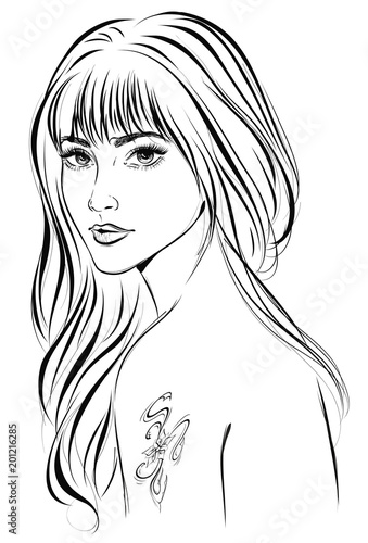 Graphic portrait of a young charming girl with long hair and a tattoo on her shoulder . Vector illustration
