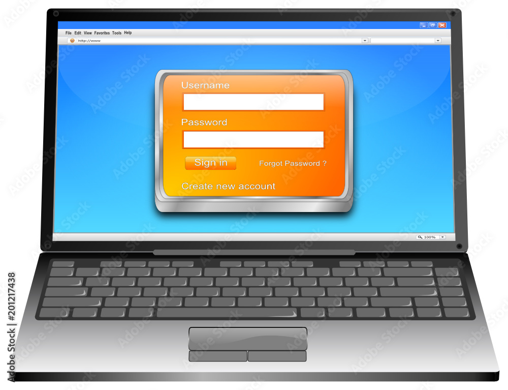 Laptop Computer with Login Screen - 3D illustration Laptop Computer with Login Screen - 3D illustration
