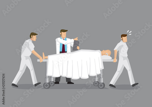 Health Professionals and Patient on Mobile Hospital Bed During Emergency Cartoon Vector Illustration