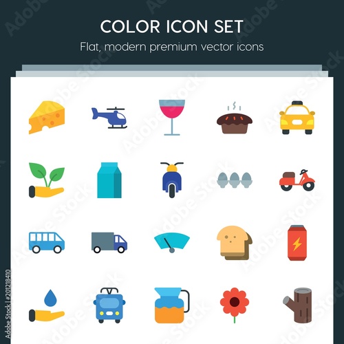 Modern Simple Set of transports, food, nature, drinks Vector flat Icons. ..Contains such Icons as save, car, breakfast, jug, bus, dairy and more on dark background. Fully Editable. Pixel Perfect