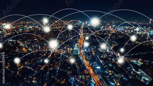 Photography Network and connection technology concept with aerial view of Tokyo, Japan at ni
