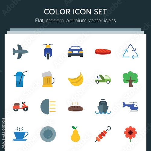 Modern Simple Set of transports, food, nature, drinks Vector flat Icons. ..Contains such Icons as sedan, sky, background, barbecue, bike and more on dark background. Fully Editable. Pixel Perfect