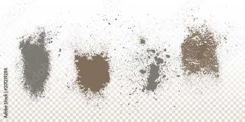 Scattered powder falls, stains, splashes, powder explosion. On an isolated background. Grunge blots trail and spray.